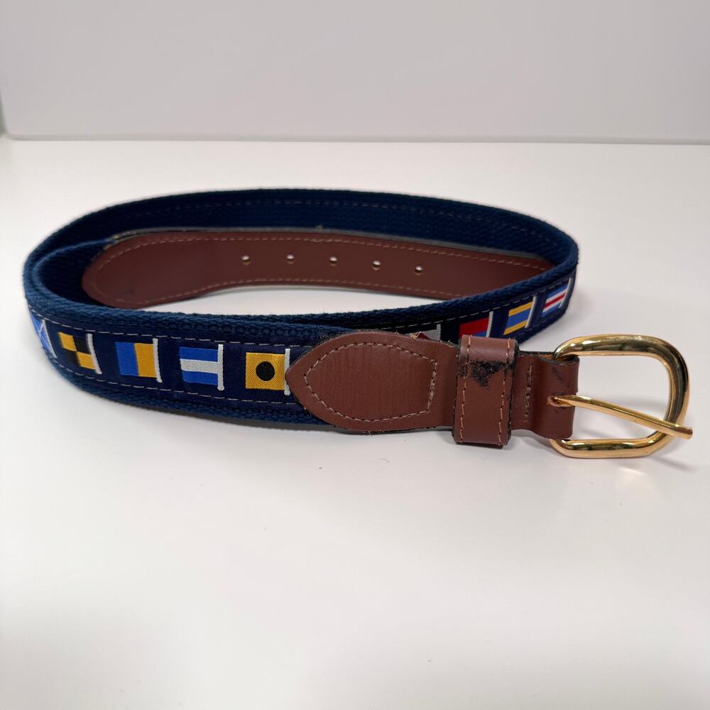 Zep Pro Men Nautical Flag Woven Ribbon Belt Size 36 Leather Made USA Blue Brown